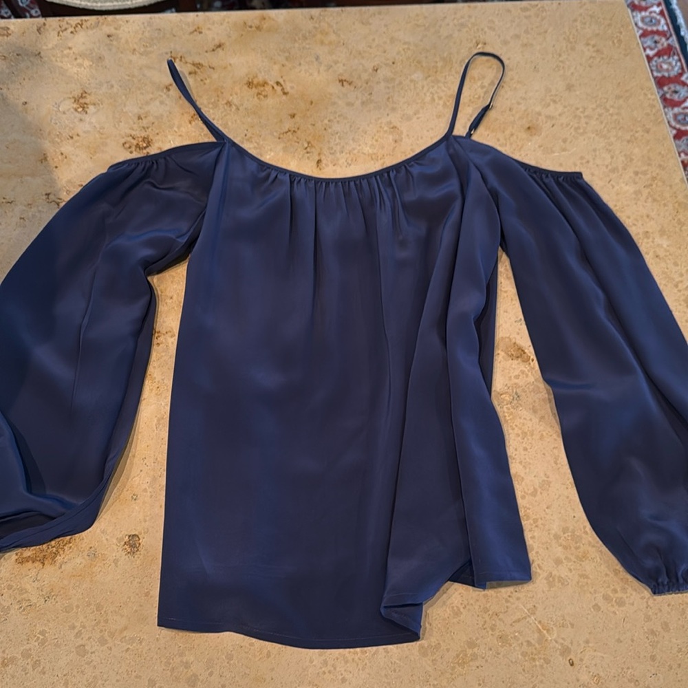 Lilly Pulitzer navy silk blouse with open shoulder and spaghetti strap